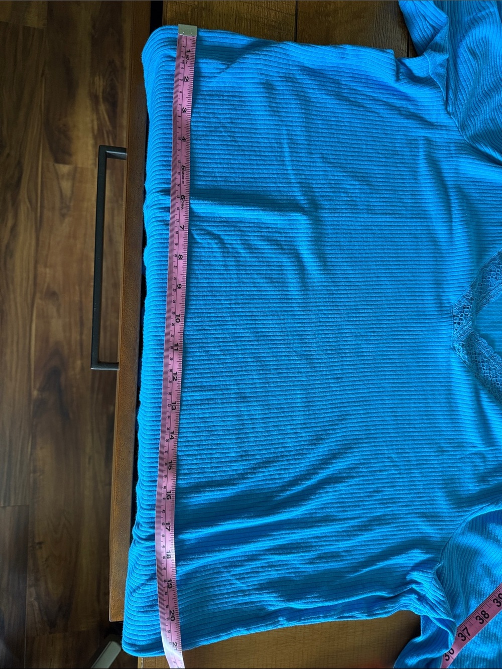 Talbots Teal Blue Ribbed V-Neck Top with Lace Trim - Picture 8 of 9